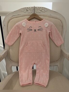 🤍 6 mth Ballet Pink Polka Dot Kitty Cat Fleece Baby Sleeper Excellent Condition
